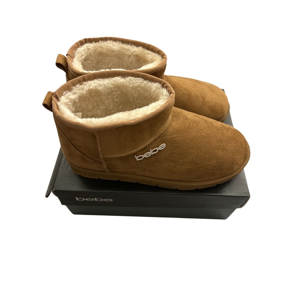 Bebe Ankle Boots Womens Size 11 Brown NEW Rhinestone Logo‎ Faux Fur Lined